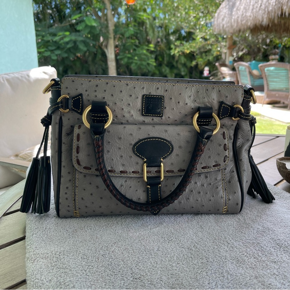 Dooney & Bourke Ostrich Embossed Gray Satchel – Black Trim